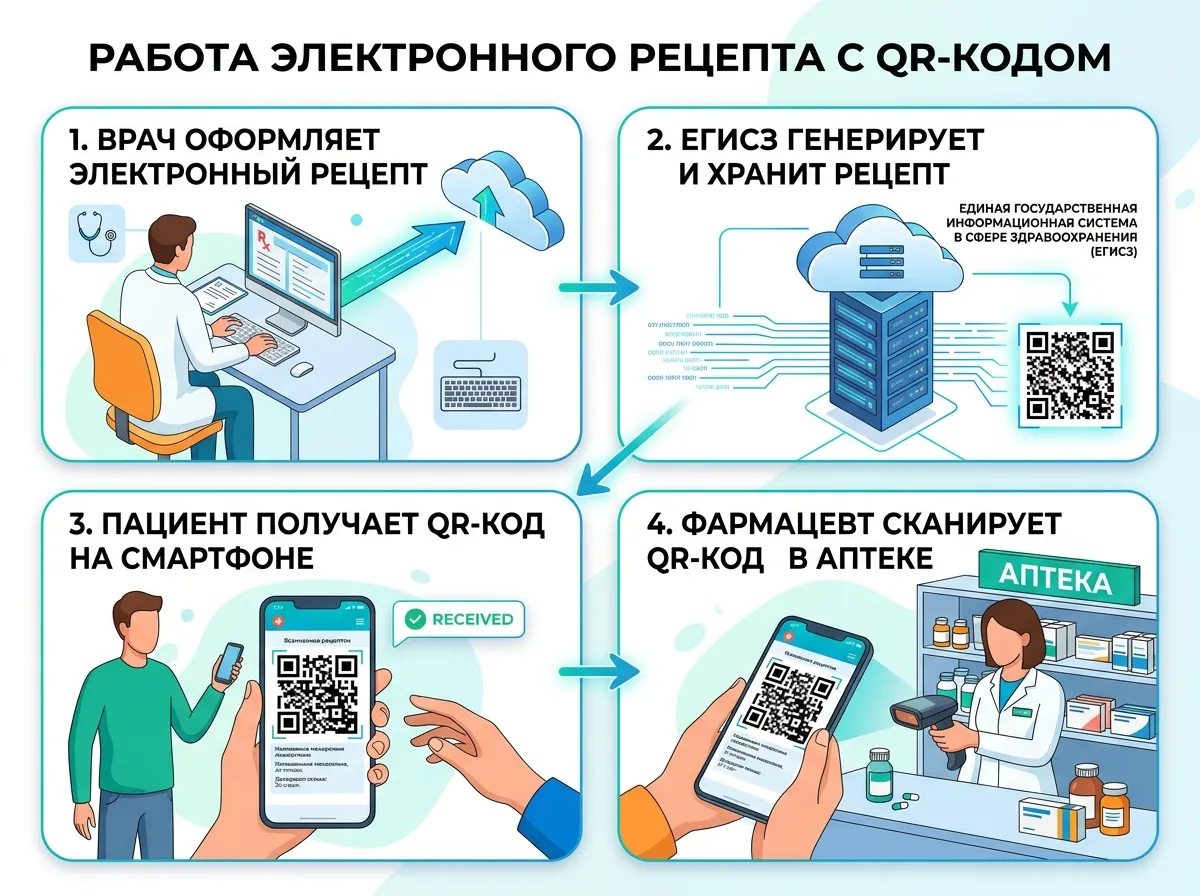 Схема работы электронного рецепта с QR-кодом: врач, ЕГИСЗ, смартфон пациента, аптека